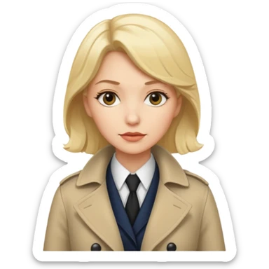 detective woman in long coat, blond hair, white skin sticker