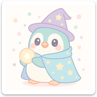 chubby penguin wizard with starry cloak and glowing orb, soft rounded illustration style sticker
