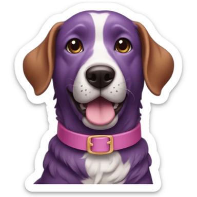 a purple dog with a brown nose and a pink collar with a bone eat cake sticker