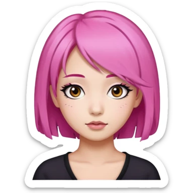 An Asian girl with pink hair, big eyes, thick eyebrows, and long eyelashes;  sticker