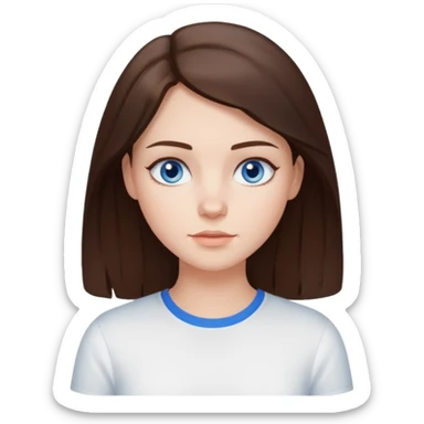 Create an emoji of a white Girl with brunette hair blue eyes faint freckles and hair to her shoulders wearing a white shirt sticker