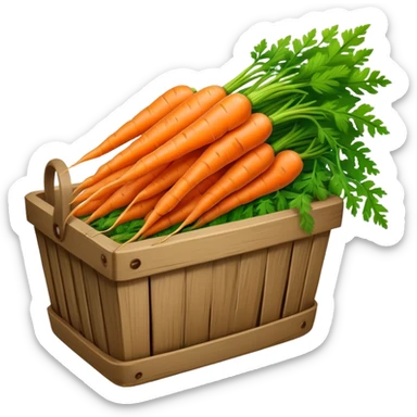 Cinematic vibrant orange carrot, crisp and fresh, slightly twisted with green leafy tops, arranged in a rustic wooden basket, natural and inviting. sticker