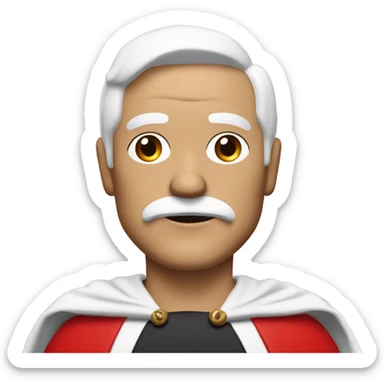 50 year old man with white temples but with black hair and black mustache wearing a red cape with a white super suit with a great red letter O in his chest  sticker