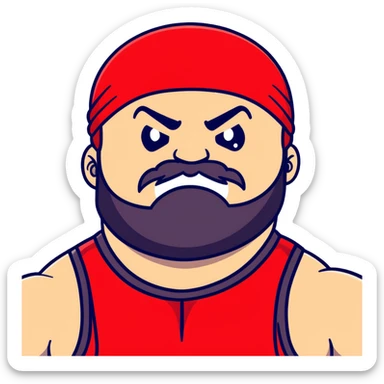 Close-up of very fat white skin guy with young face, beard and mustache, no muscle with prominent black durag, black eyes in a red and black wrestling singlet with angry face sticker