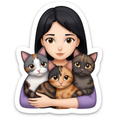 girl with black hair hugging three cats  (tortie cat, full gray cat, brown calico cat) sticker