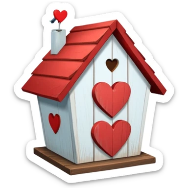 a birdhouse with a red roof with the rest white and a heart at the top but below the roof sticker