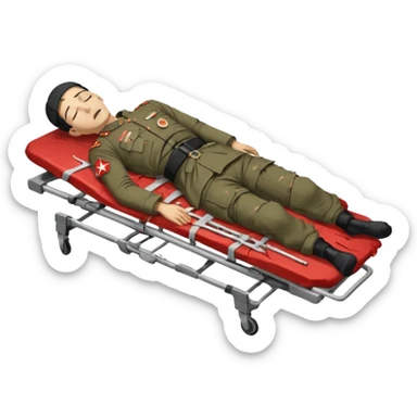 a man of oriental appearance, dressed in torn clothes, full length, with closed eyes, head lying on a stretcher, in a prone position, with injuries on a black military stretcher, 1980 sticker