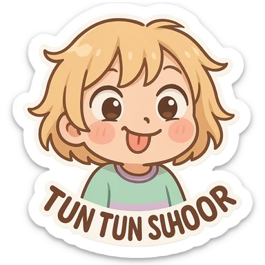 Tun Tun Suhoor chibi emoji, round face, playful look, blonde messy bob, big eyes, small mouth, pastel clothes, blush on cheeks, silly meme energy, no text sticker