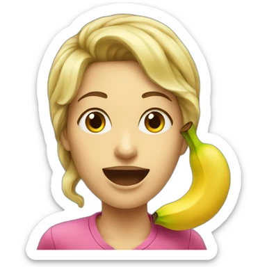 A large headshot of a woman eating a banana sticker