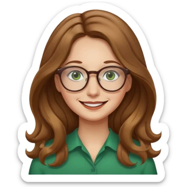 long wavy light brown hair woman with green eyes and glasses smiling closed mouth. middle part hair.  sticker
