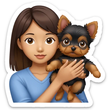 an asian girl holding a yorkie puppy sticker