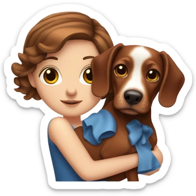 White girl with brown hair and blue eyes holding a red dachshund  sticker