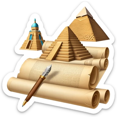 An icon showing a rolled parchment scroll, a quill pen, and ancient landmarks like pyramids and columns in the background. The design symbolizes the study of past civilizations, events, and heritage. Transparent background emphasizes the timeless exploration of human history. sticker