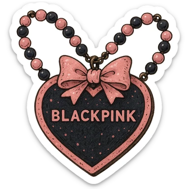 BLACKPINK-inspired wearable object, necklace or bracelet or pin, black and pink colors, whimsical and detailed, ghibli style sticker