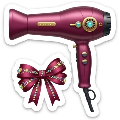 burgundy blow dryer with a ribbon covered in gems sticker