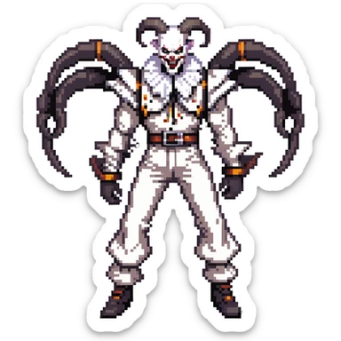 full-body muscular demonic clown in a black and white leisure suit with bellbottom pants, bald, with black ram horns, flashy black and white belt, ruffled white shirt, no neck tie, large fangs, holding a very large futuristic rifle sticker