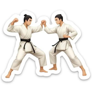 Two martial artists in traditional Wushu attire, performing elegant, fluid moves. One executes a high spinning kick while the other strikes with a precise fist. The background shows a peaceful, scenic landscape with mountains and bamboo trees, symbolizing the balance of power and grace in Wushu.  sticker