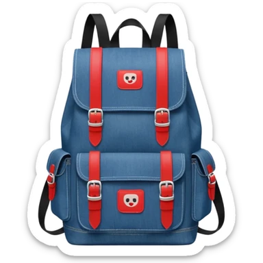 a blue denim backpack with a flap top, two vertical *black buckle straps* on the front. The backpack has two side pockets and a soft square shape. at front pocket bottom side, red and white two divided logo like tommy hilfiger 

 sticker