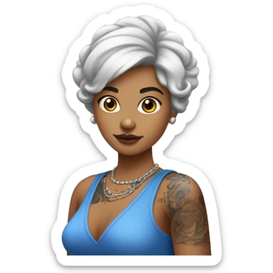 une femme de 30 ans au cheveux bleus mi long avec le côté du crane tondu très court vetu d'un débardeur blanc et des tatouages sur les bras  sticker