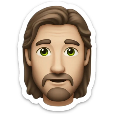 a long brown haired men with rhombus-shape face green eyes and big ling nose sticker