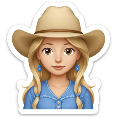 Make a girl with long brownish blonde hair, wearing a white cowboy hat with a button nose and wearing a blue V-neck with spaghetti straps sticker