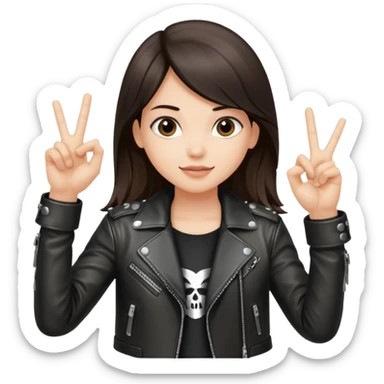 Fair skin long dark brown hair wearing a leather metal jacket girl doing the Rock n roll sign holding a large blank sign sticker