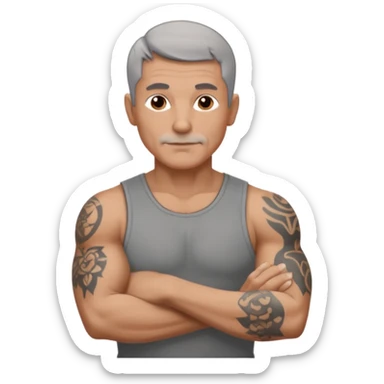 un homme de 50 ans, cheveux court gris, musclé avec le bras droit tatoué sticker
