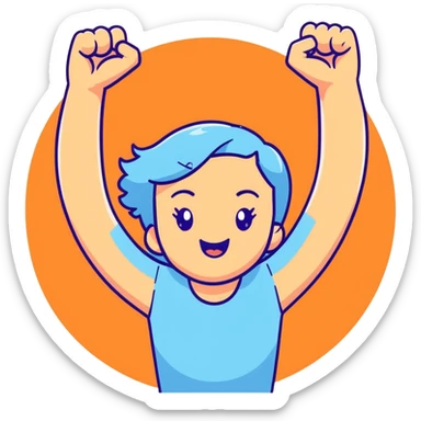 girl wearing pastel blue clothes with arms raised in joy making a hurray celebration gesture sticker