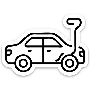 outlined icon of a premium black car, subtle hook tool at a dent, matte black look, fine silver lines, simple and clean sticker