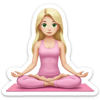 blonde long hair and green eyes yoga girl in light pink clothes sitting on a yoga mat sticker