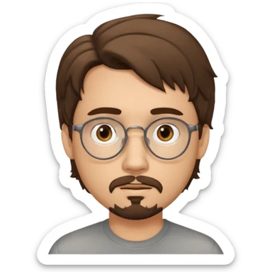 male Slim, slightly oval face, light skin.
Medium-length brown wavy hair, slightly messy.
Brown eyes, round eyeglasses.
Soft, calm expression.
add goathe and add hair to his forhead sticker