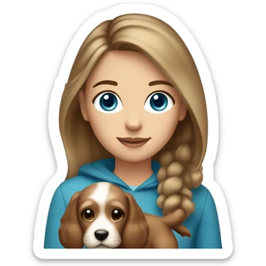 girl with brown hair and blond highlights, straight hair,  blue eyes and holding a light brown cockapoo sticker