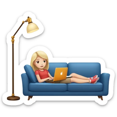 A girl is working with a laptop while lying on a sofa, with a floor lamp to the right. sticker