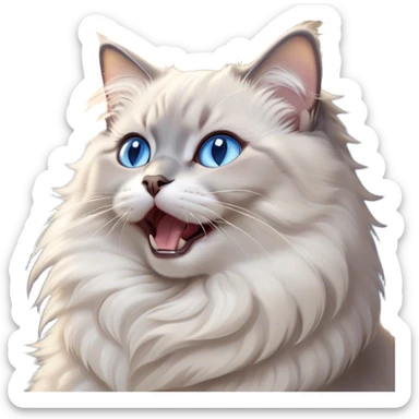 Cinematic Adorable Fluffy Light Grey Mantle Ragdoll Cat Portrait Emoji, Head tilted cutely with big, sparkling blue eyes, soft light grey fur with darker points on the ears, face, and paws, Simplified yet irresistibly adorable features, highly detailed, glowing with a soft, warm glow, high shine, yawning in a peaceful and playful manner, stylized with a touch of whimsy, bright and endearing, soft glowing outline, capturing the essence of a relaxed and loving kitten, so cute it feels like it could leap out of the screen and stretch into a cozy nap! sticker
