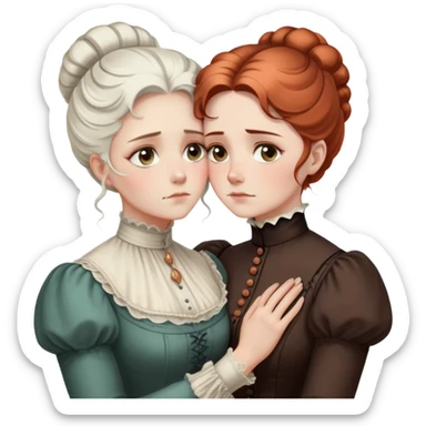 Two Victorian women with light eyes, one with white coiffed hair and one with copper coiffed hair, wearing Victorian high-neck dresses, embracing in a sad intimate hug sticker