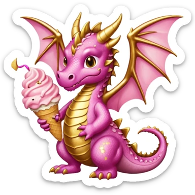 A dragon with its shiny glittered wings in pink tones and pink and gold legs, eats vanilla and chocolate ice cream sticker