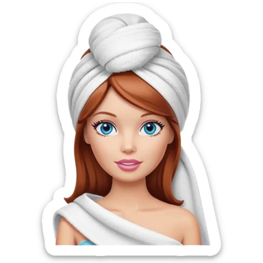 A Barbie face blue eyes with shoulder-length reddish brown hair, makeup with cream on face and a towel on her head sticker