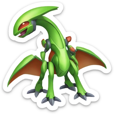 a shiny green Genesect-Flygon-Raptor-Fakémon—hybrid with a futuristic visor-helmet full body sticker