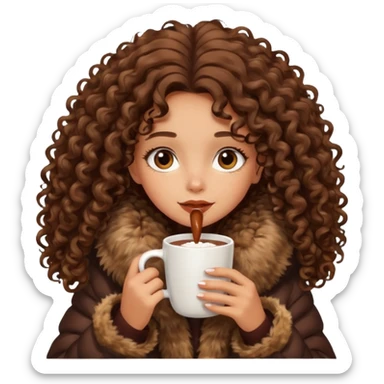 tanned girl with long brown curly hair, drinking hot chocolate , wearing oversized fur jacket sticker