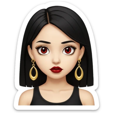 A light skinned girl with black hair, black eye, straight hair, big eyes, dark red lipstick, wearing black crop top and gold earrings, nosepiece  sticker
