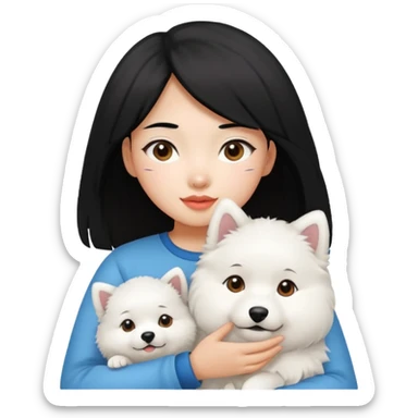 A black hair asian girl with a bright skintone holding a samoyed dog sticker