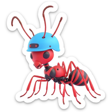 a brave ant, wearing a tiny helmet, ready for adventure sticker