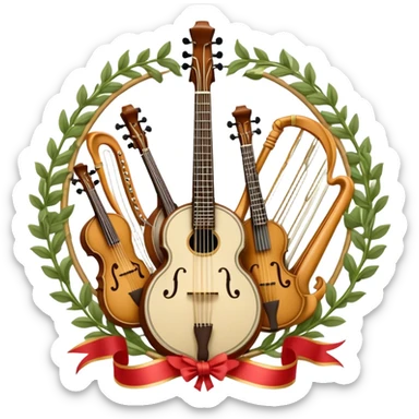 Design a complex and festive emblem-like emoji representing plucked string instruments, such as a banjo, mandolin, domra, sitar, and similar instruments. The composition should resemble a heraldic crest, with the instruments arranged symmetrically and gracefully, their necks intertwining with a flowing ribbon of musical notes. The ribbon should weave through the strings and headstocks, symbolizing the harmonious connection between the instruments. Use detailed engraving on the instrument bodies and fretboards to emphasize their craftsmanship. Incorporate rich, celebratory colors like gold, mahogany brown, deep green, and vibrant accents. Add subtle shading and light reflections to create a three-dimensional, polished look. Include ornate elements like swirls, laurel leaves, and decorative flourishes to enhance the festive and professional appearance. The background should be transparent to highlight the emblem as a standalone piece. sticker