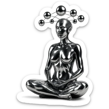 chrome style figure of a woman meditating in the lotus position, with several reflective chrome spheres floating above her head in a net-like arrangement, highly metallic sticker