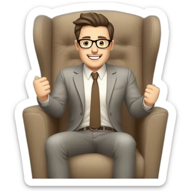 Joyful Celebrating victory Hands up Pale skinned Fit Man With dark brown hair in gray jacket, beige office shirt, Brown pants and vintage glasses sitting In a soft chair sticker