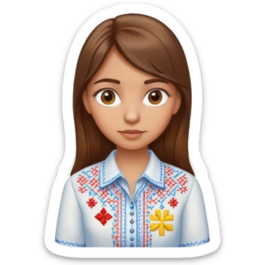 a Ukrainian girl with brown hair in an embroidered shirt and a mathematician sticker