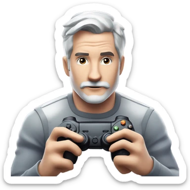 Futuristic fortnite background with a pale skin person with Grey hair and facial hair in their 40s with a game controller playing a game on a TV sticker