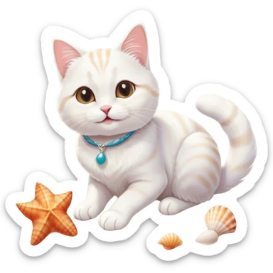A cheerful white cat with soft fur, sitting on a sandy beach under a bright sun, with a small seashell next to its paw and gentle waves in the background. The cat has a playful expression, and its tail is curled around its body. The scene is simple, with a focus on the cat's happiness and the serene beach atmosphere.good deer sticker