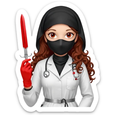


Scary woman scalpel in hand, evil surgeon sexy surgeon clothes.  She has redcolored  eyes. Her  hair only is free ne brown long curly hair. Wears sexy doctor outfit with red gloves. make her wear full Muslim burka to mask and nose mouth mask  to hide. Wears white surgeon coat, wears  stilettos sticker
