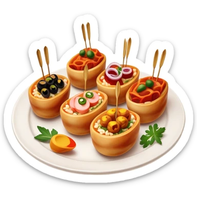 Tapas (4 Pintxos) Cinematic Realistic Tapas Dish Emoji, depicted as an assortment of 4 pintxos elegantly arranged on a plate, rendered with lifelike textures and vibrant, inviting lighting. sticker